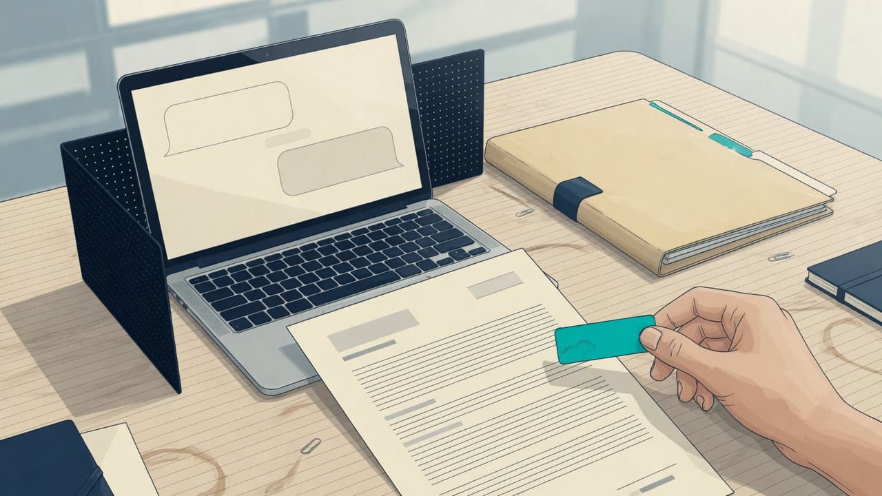 A laptop with blank chat bubbles, a closed folder and a person holding a teal review marker beside a policy document
