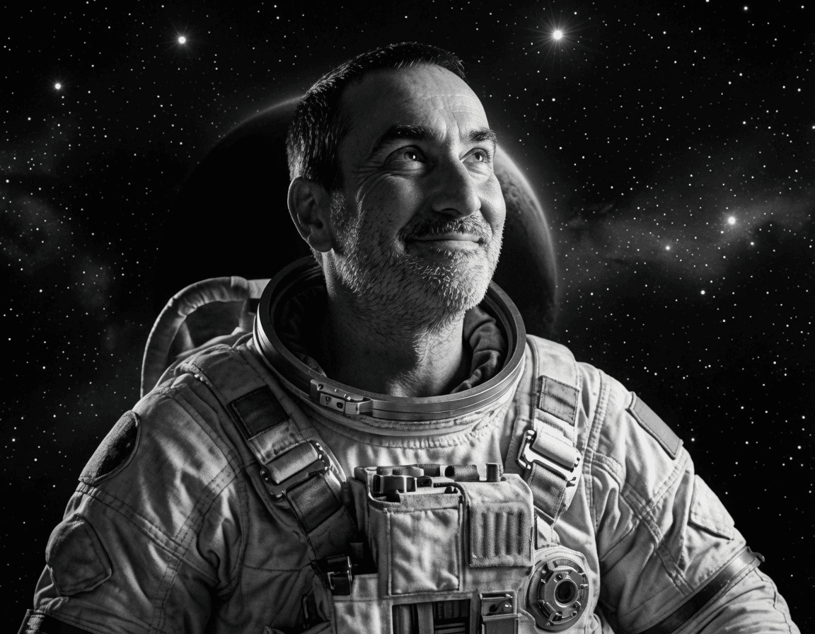 Carl Draper pictured in an astronaut suit, looking towards the stars