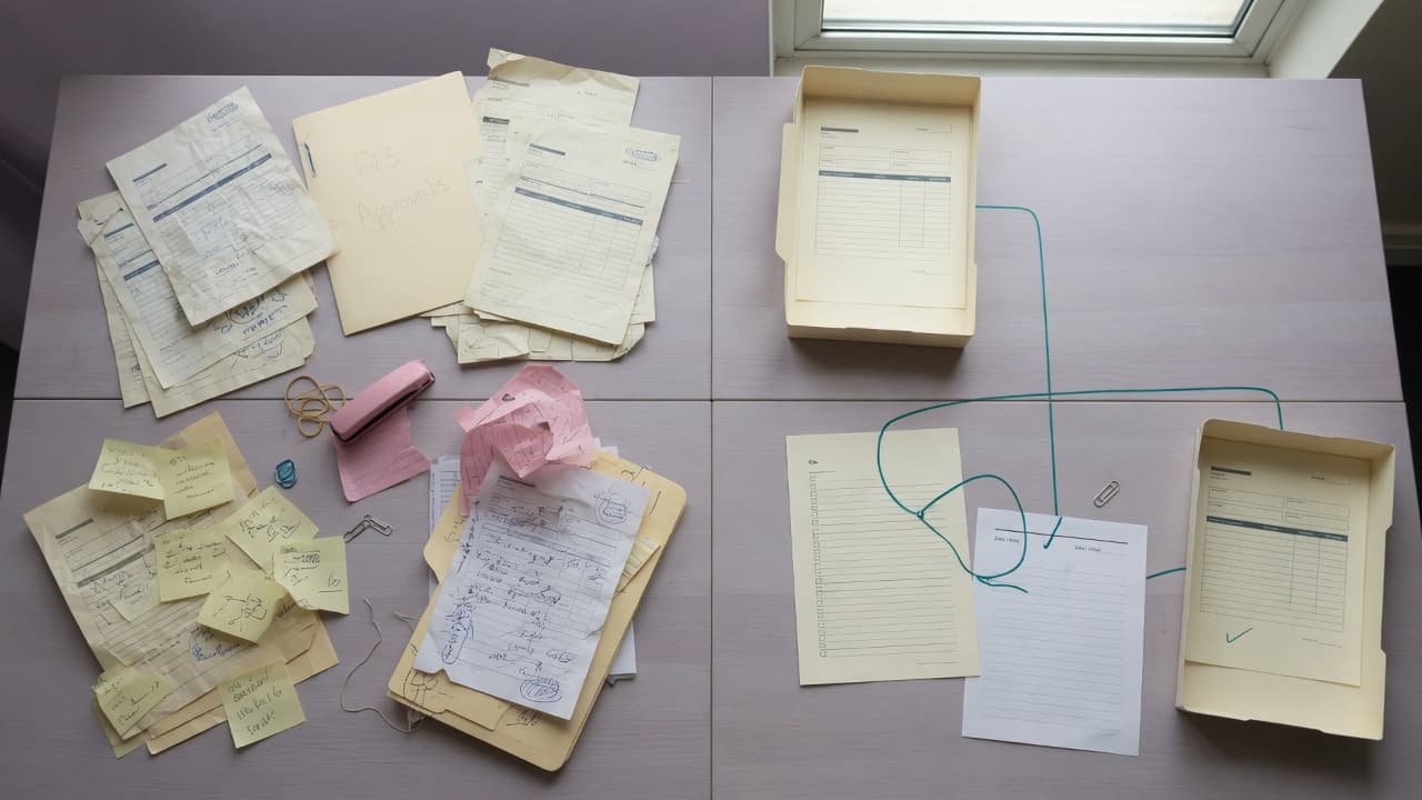 A desk split between a pile of confusing paper handoffs and a simple organised route marked by a teal line