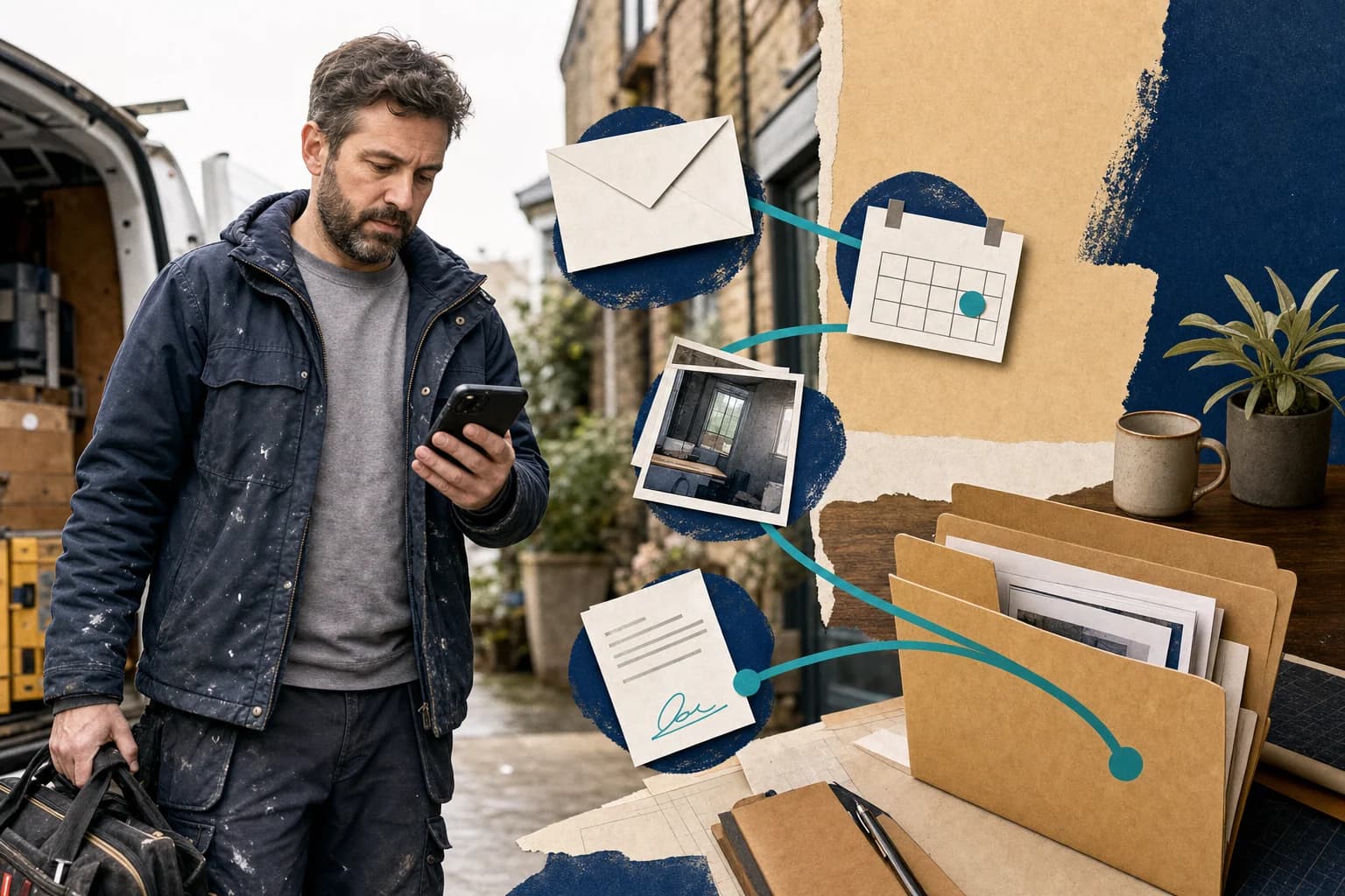 A mobile business owner beside a work van while an email, calendar card, site photograph and signed document connect to an organised folder