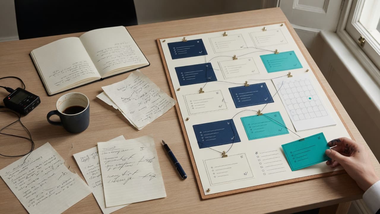 Rough meeting notes and a recorder beside an organised action board with teal and navy task cards