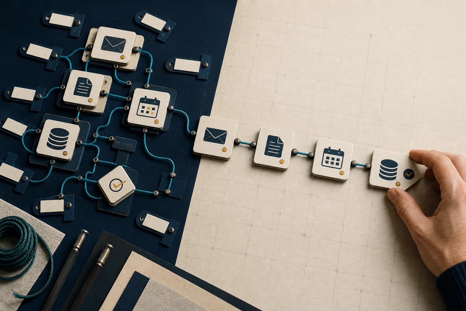 A dense group of connected workflow cards resolving into a simple ordered route as a person positions the final card