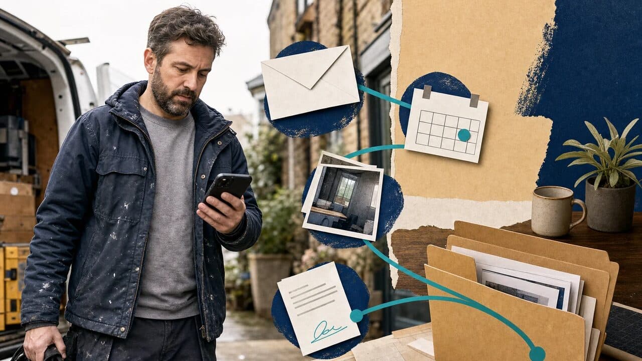A tradesperson beside a van checks a phone while an email, a calendar, site photographs and a signed document are linked by teal lines into a filing folder