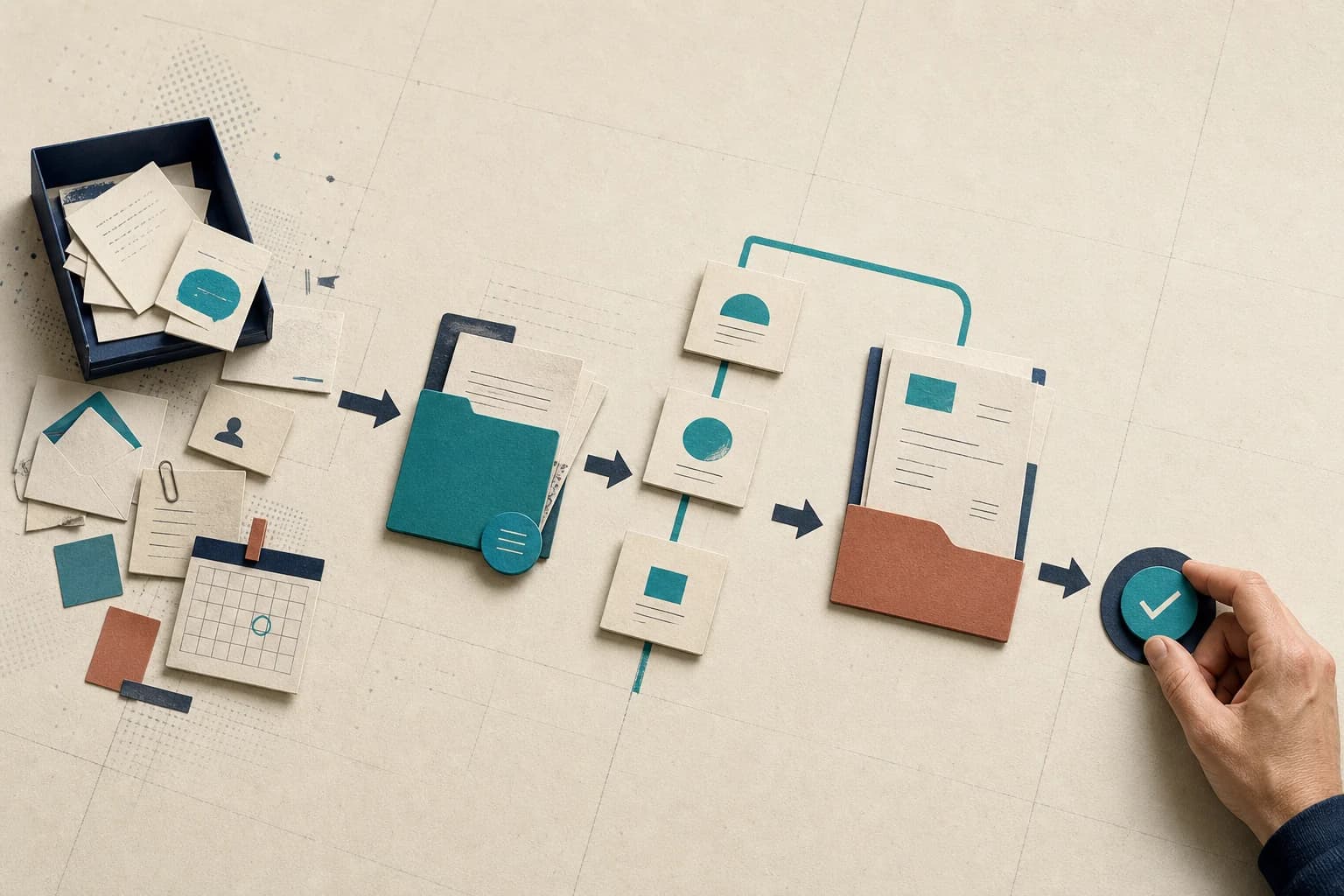 Paper-cut business documents moving from a scattered inbox into an organised workflow, ending with a person approving the result