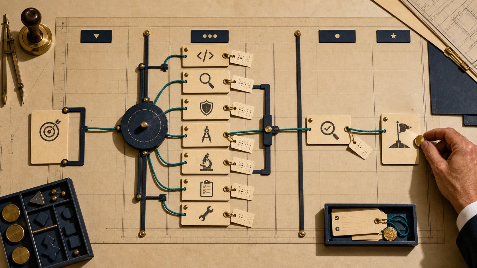 An analogue operations board routes one goal through specialist coding, investigation, security, research, testing and operations stations before independent verification and a human final decision