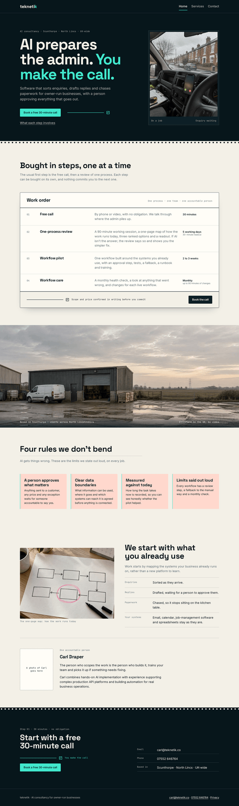 A draft of Teknetik's home page made by the website designer, from the headline on ink down to the call to book.
