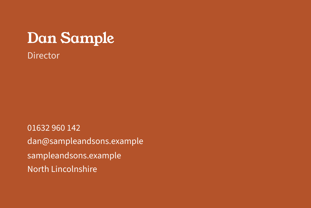 The back of the Sample & Sons business card: Dan Sample, Director, with phone, email and web address on terracotta. Sample & Sons is a sample business, not a client.