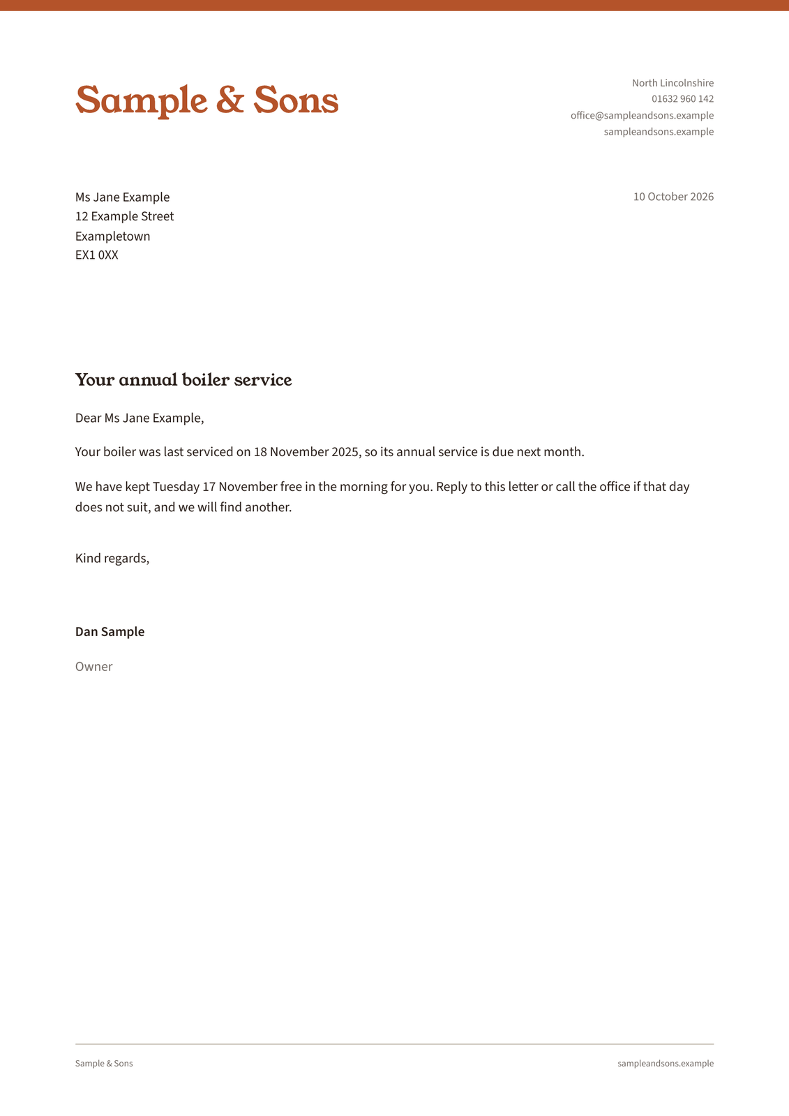 A letter on the Sample & Sons letterhead to Ms Jane Example about her annual boiler service, signed by Dan Sample. Sample & Sons is a sample business, not a client.