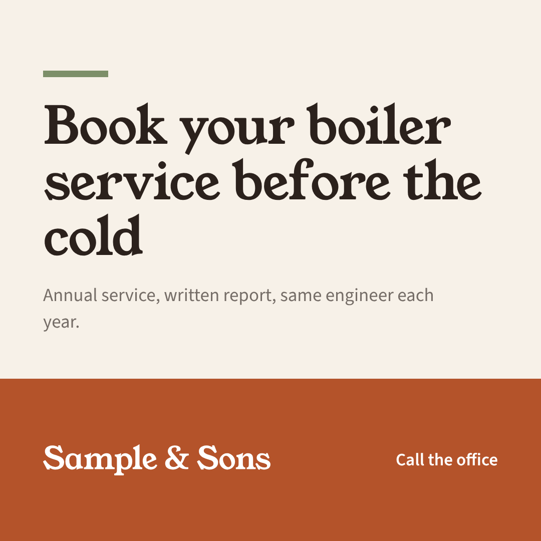 A square post in cream and terracotta: Book your boiler service before the cold, with the Sample & Sons logo. Sample & Sons is a sample business, not a client.