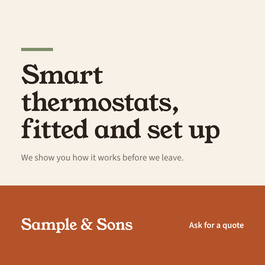 A square post: Smart thermostats, fitted and set up, with the Sample & Sons logo. Sample & Sons is a sample business, not a client.