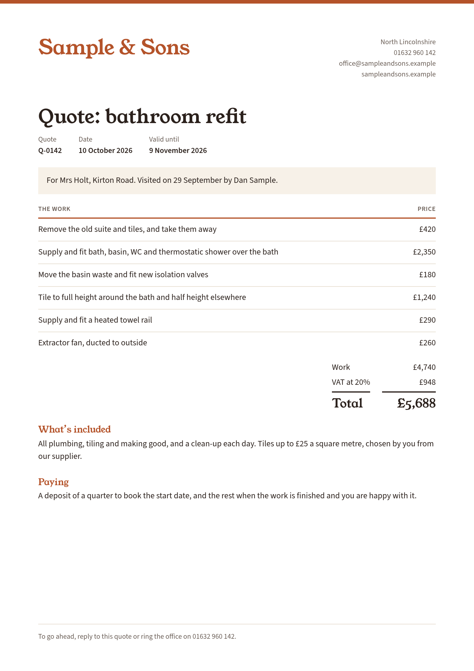 A one-page quote on the Sample & Sons letterhead for a bathroom refit, with the work listed, the price and a Accept the quote line. Sample & Sons is a sample business, not a client.