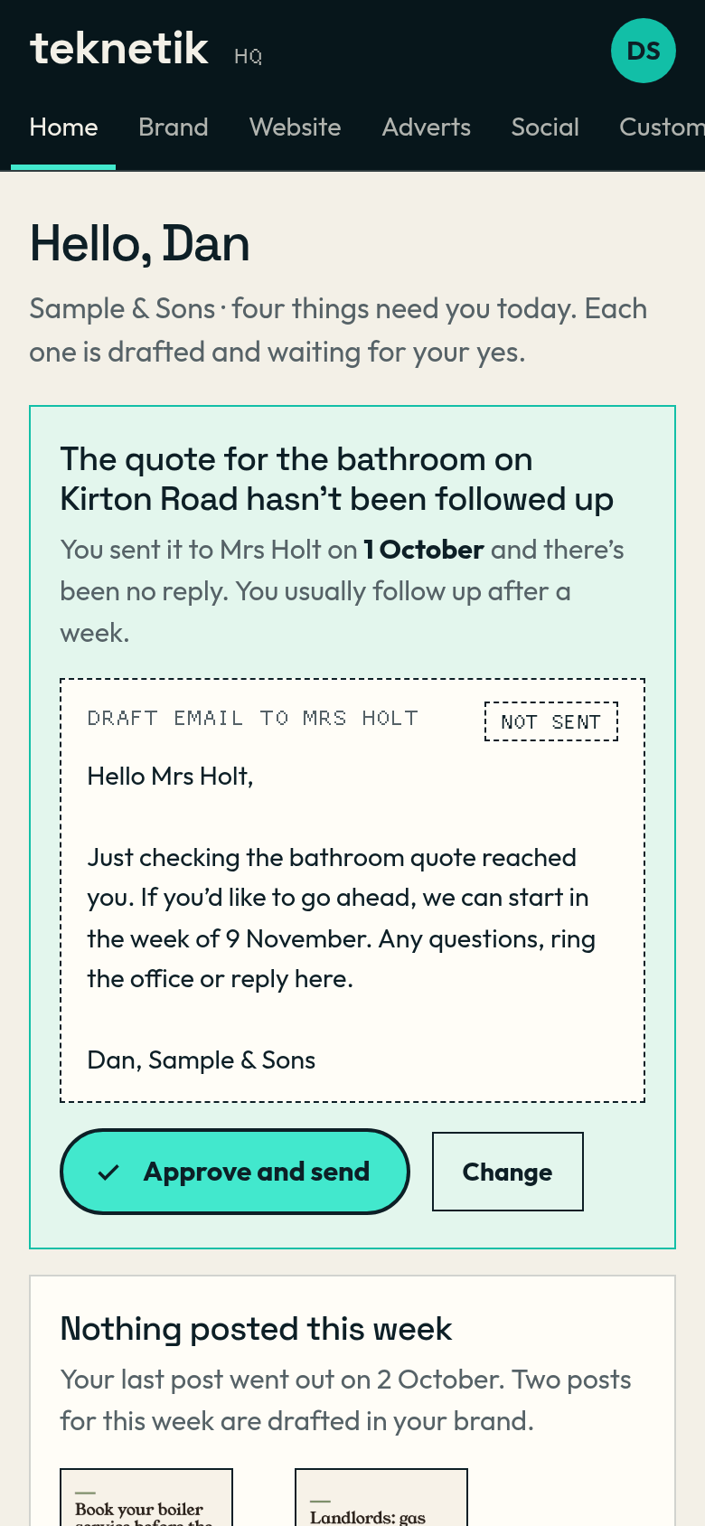 The HQ home for Sample & Sons, a sample business, with four prompts from the assistant, the first saying the bathroom quote has not been followed up, with a drafted reply and Approve and Change buttons.