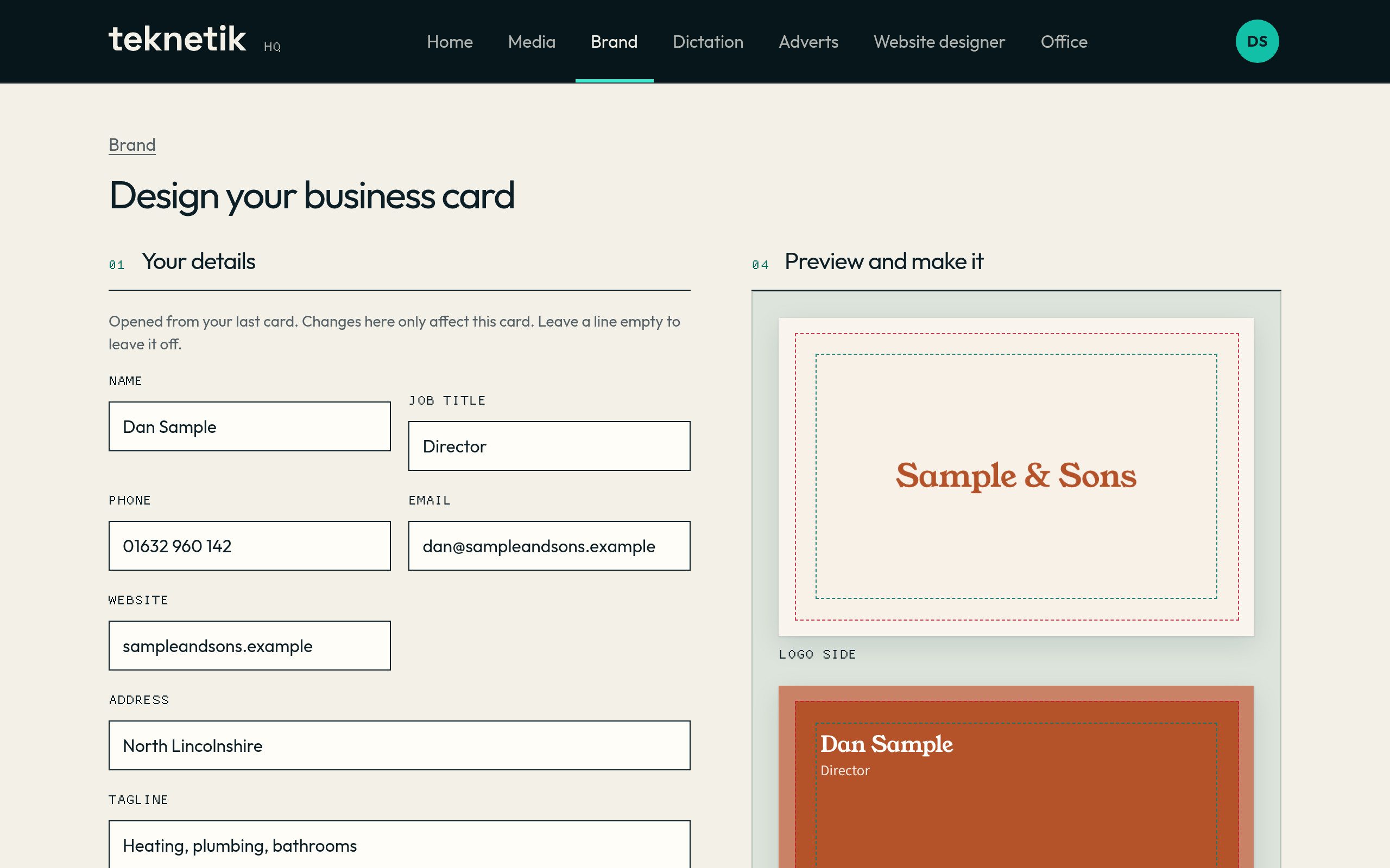The business card designer with Dan Sample's details filled in and both sides of the Sample & Sons card previewed. Sample & Sons is a sample business, not a client.