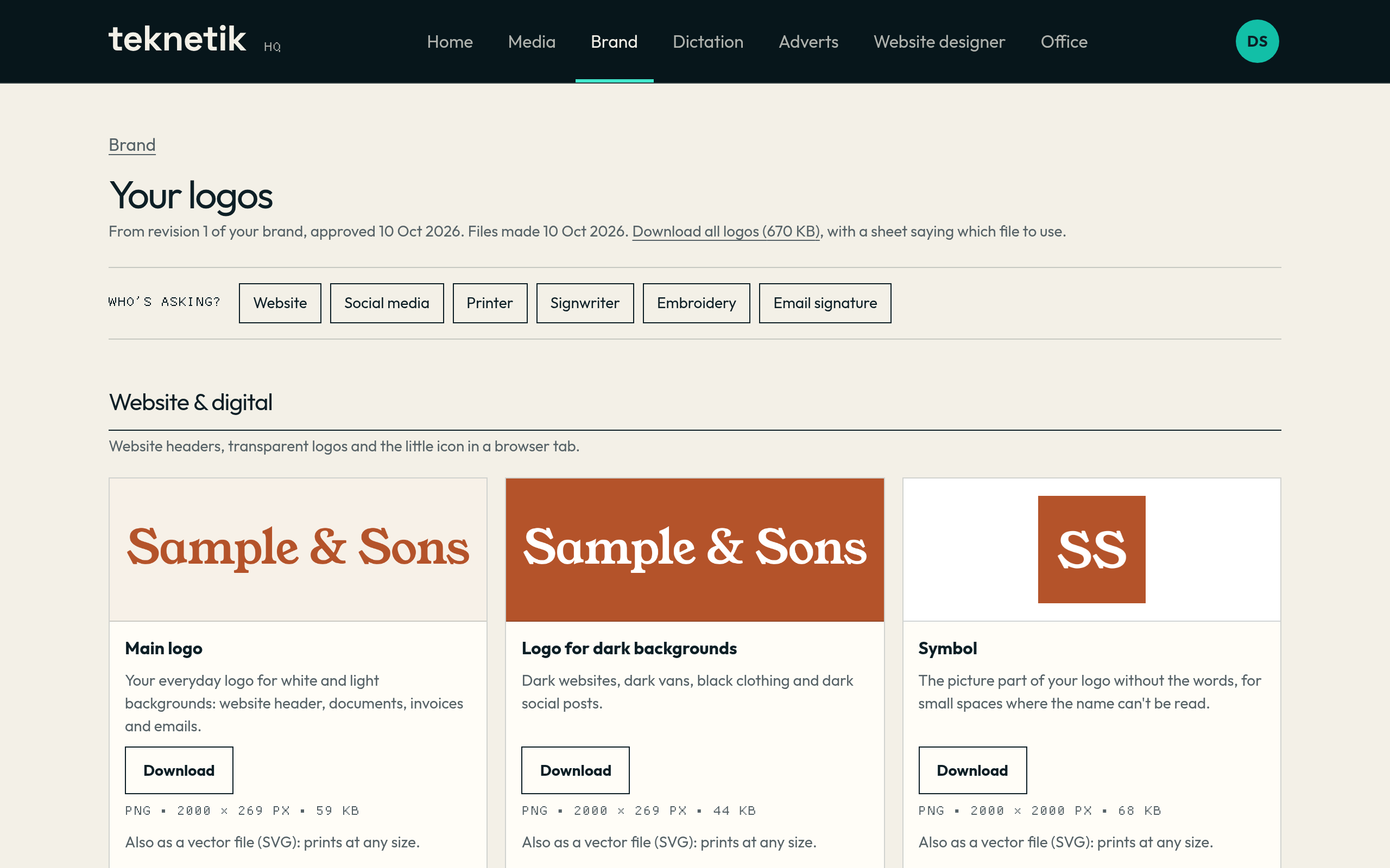 The logo library for Sample & Sons, a sample business: buttons for who is asking, then the main logo, the logo for dark backgrounds and the symbol, each with a Download button.