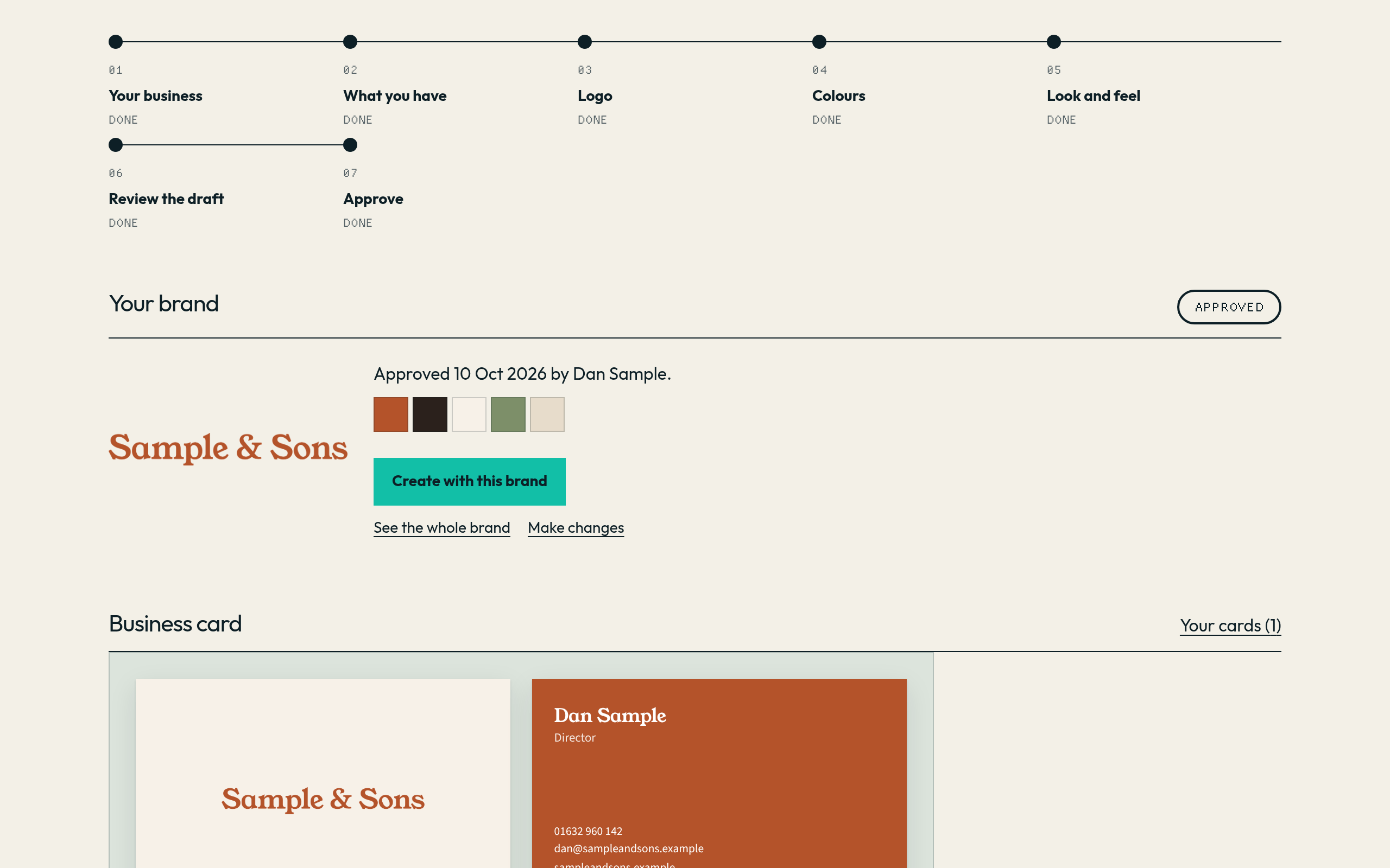 The Brand page for Sample & Sons, a sample business, showing the approved stamp, the terracotta logo, five colour swatches and a Create with this brand button.