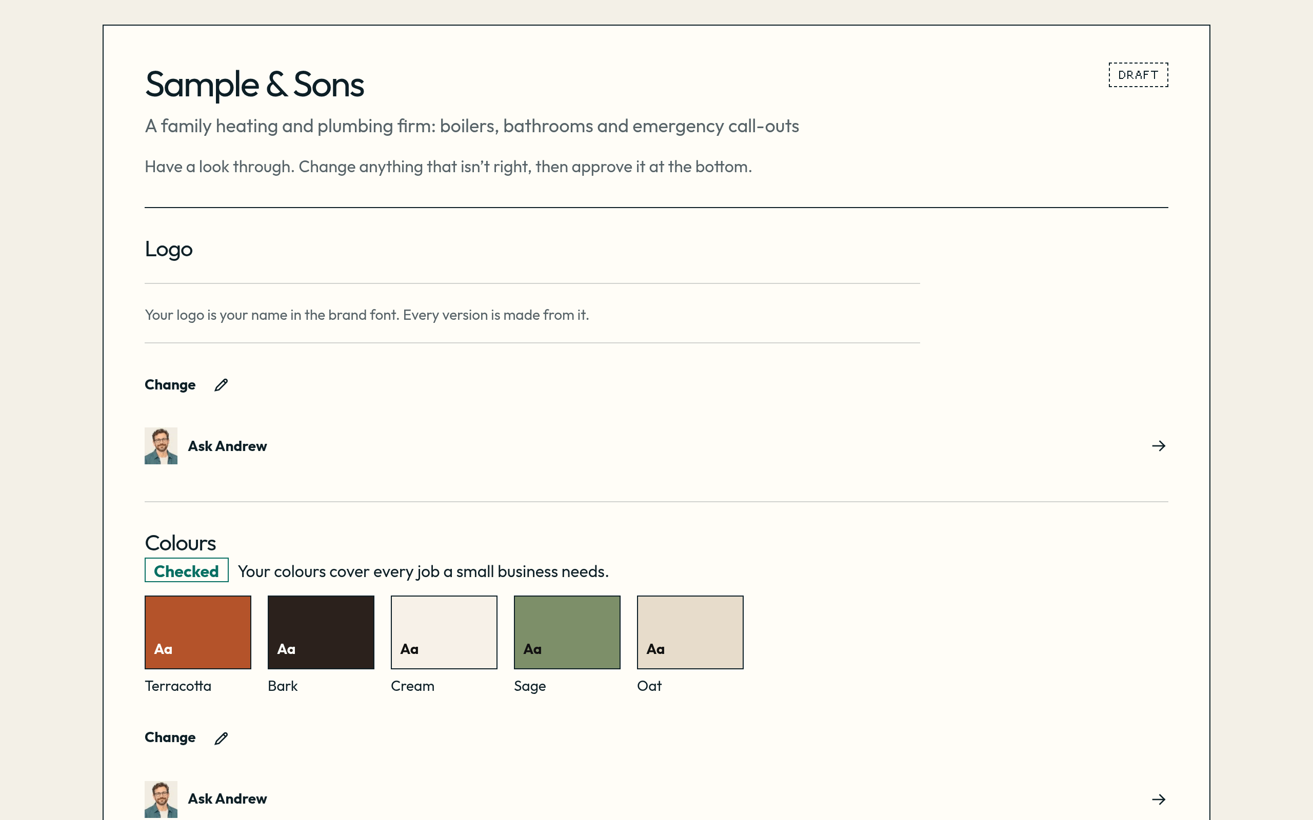 A draft brand for Sample & Sons, a sample business, on one sheet, marked Draft, with the logo section and the checked colours below it.