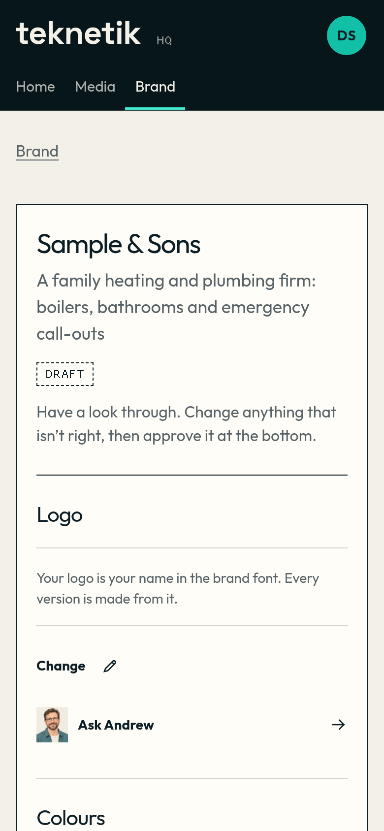 The draft brand sheet for Sample & Sons, a sample business, on a phone, marked Draft, asking the owner to look through and approve it at the bottom.