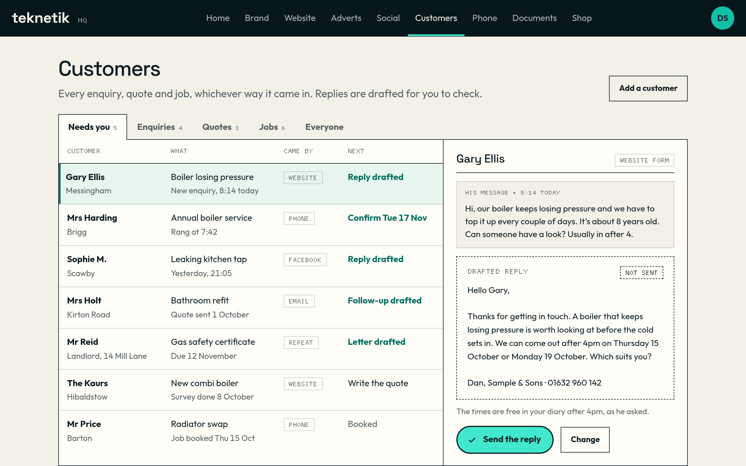 The Customers list for Sample & Sons, a sample business, with enquiries from the website, the phone and Facebook, and a drafted reply to a boiler enquiry with Send and Change buttons.