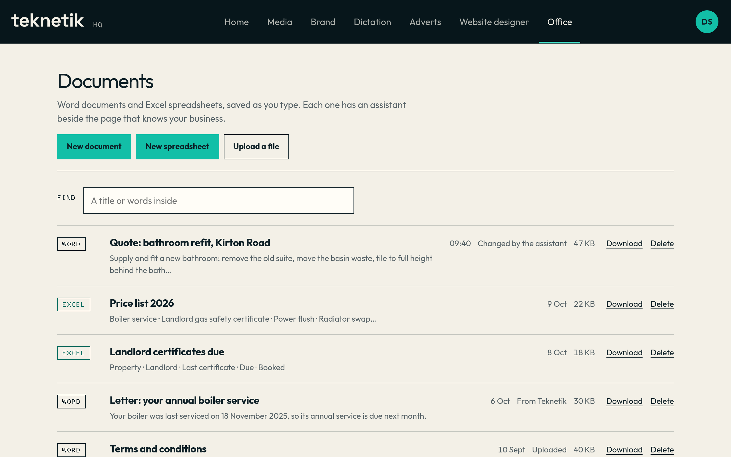 The Documents page for Sample & Sons, a sample business, listing a quote, a price list, a landlord certificates sheet, a letter and terms, each marked Word or Excel.
