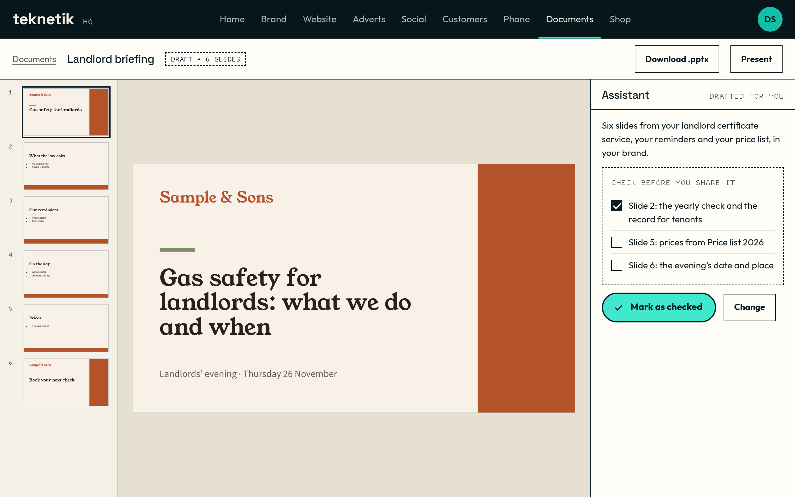 A six-slide presentation for landlords in Sample & Sons's brand, the cover slide open, the other slides down the side and the assistant's note beside them. Sample & Sons is a sample business, not a client.
