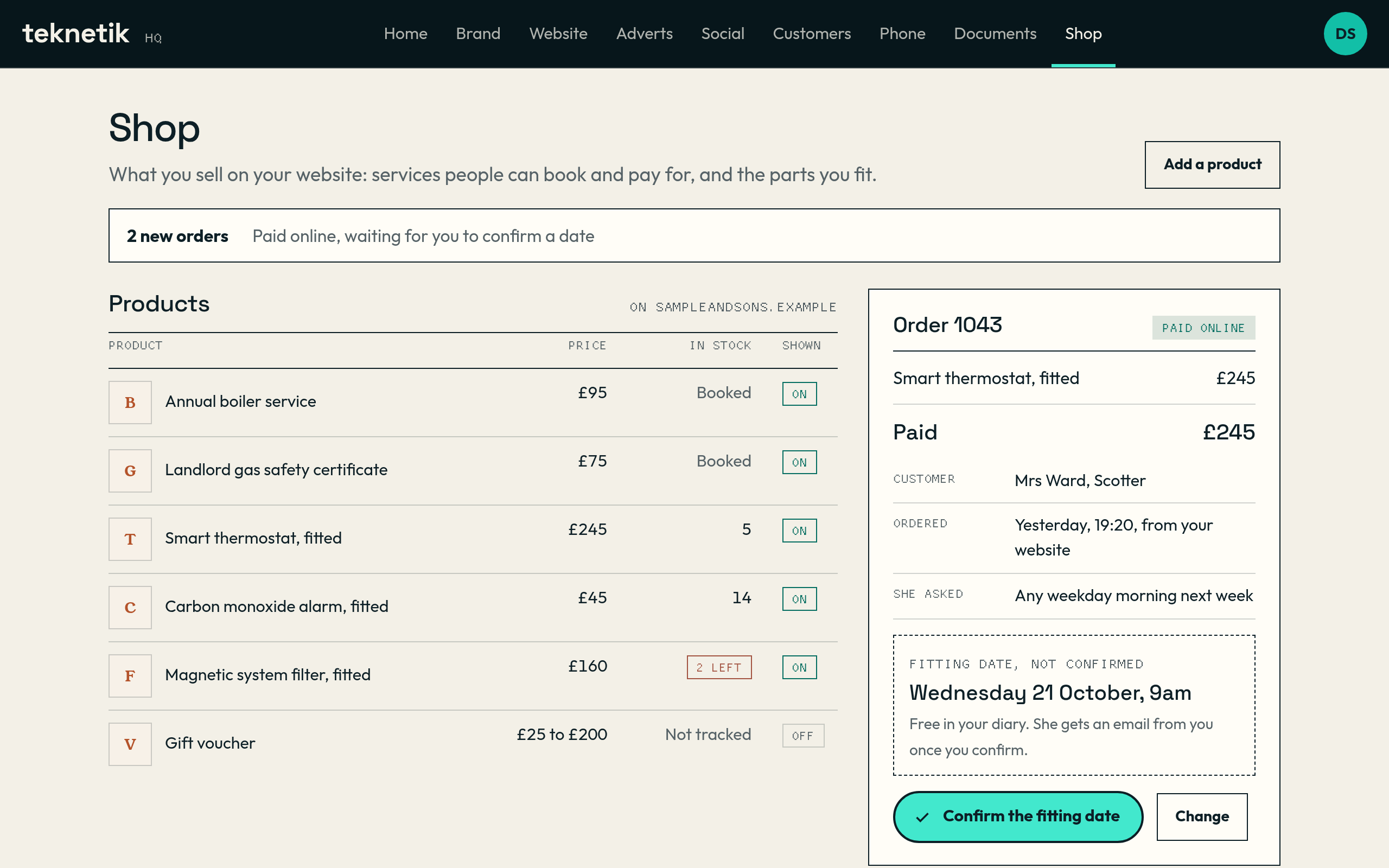 The Shop page for Sample & Sons, a sample business, listing products with prices and stock, and an order paid online with a Confirm the fitting date button.