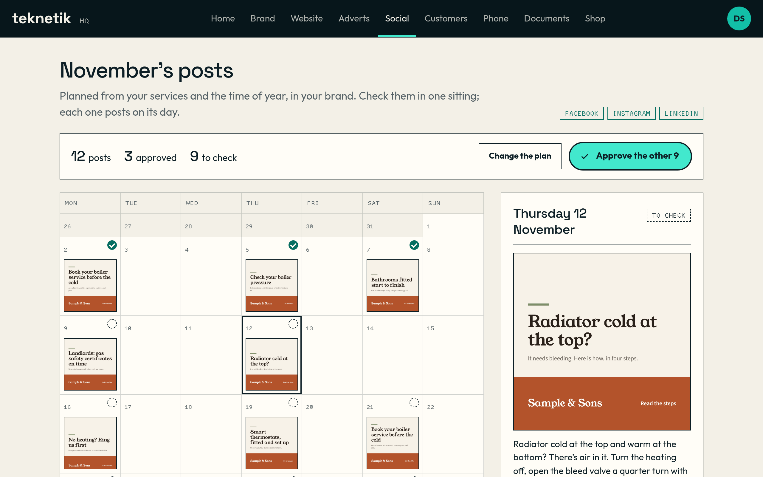 November's planned posts for Sample & Sons, a sample business: twelve posts by date with their pictures, words and networks, three already approved and an Approve the rest button.