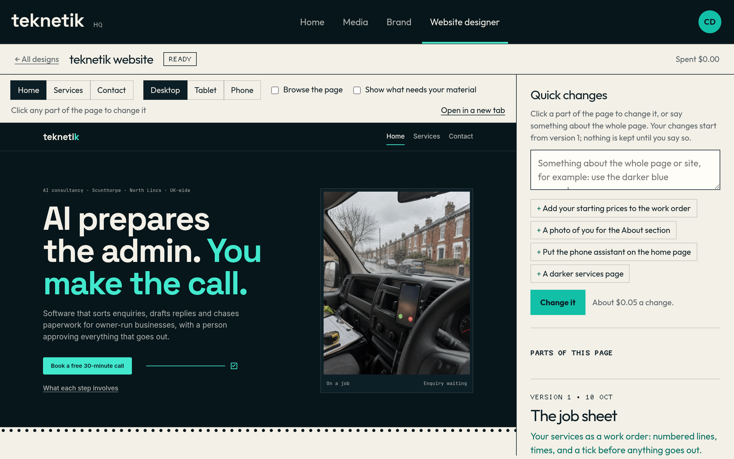 The website designer showing a draft of Teknetik's website in a preview frame, with the version and the change controls beside it.