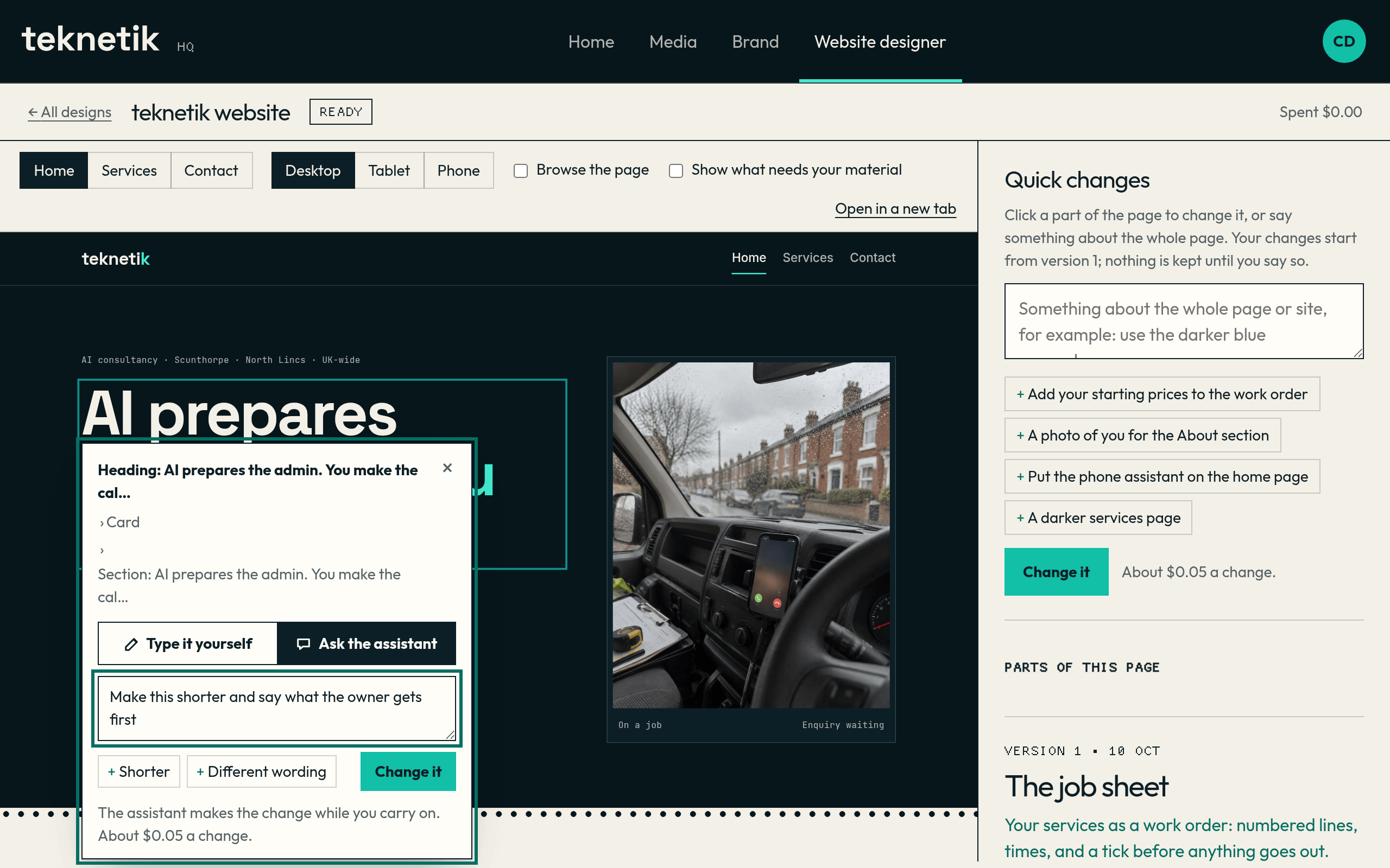 The draft of Teknetik's website with the main heading picked out and a change card open on it, asking the assistant to make it shorter.